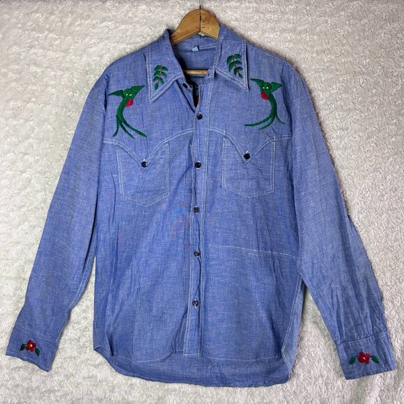 Vintage Embroidered Western Shirt‎ Novelty Cowboy Style Long Sleeve Size Large - Picture 1 of 7